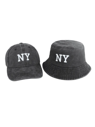 2 piezas Conjunto de gorra de béisbol y gorra de cubo estilo lavado de NY para mujer, ajustable para pareja, adecuado para uso diario, viajes, actividades al aire libre y ocasiones casuales como ciclismo, turismo, calle y reuniones