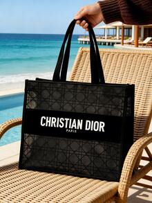 Dior 蕾丝网眼手提包，经典黑色绗缝设计，化妆包，透明网眼外观 - 黑色 - 查看 10