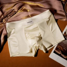Light Luxury Satin Ice Silk Men's Boxers, Mulberry Silk Antibacterial Crotch, Seamless Breathable Nude Feel Trunks - 香檳色 - 查看 4