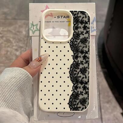 1pc White Lychee Texture Matte Minimalist Lens Protector Case, Polka Dot Lace Pattern Phone Case, Fit For IPhone 17/17 Pro/17 Pro Max/16/16 Pro/16 Pro Max/15/15 Pro/15 Pro Max/14/14 Pro/14 Pro Max/13/13 Pro/13 Pro Max/12/12 Pro/12 Pro Max/11/11 Pro/11 Pro Max
