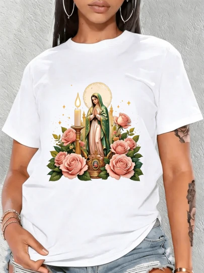 Camiseta de cuello redondo con estampado floral de la Virgen de Guadalupe para mujer, camiseta informal de manga corta con cuello redondo para primavera/verano, ropa para mujer