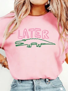 Women Later Gator Funny Crocodile Lightweight Tee, White Pink Breathable All Season Round Neck Top, Machine Washable Daily Playful Fashion Shirt - 粉色 - 查看 12