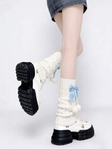 1双粉色/蓝色/白色可爱洛丽塔蝴蝶结绒球针织过膝长筒袜 - 彩色 - 查看 10
