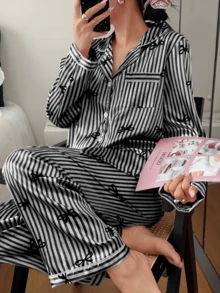 Dreamivo 2pcs/Set Women's Black Striped Long Sleeve Pajama Set - Black - View 2