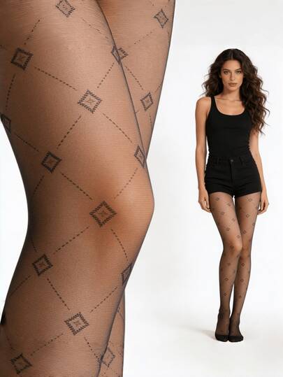1 Pair Black Diamond Plaid Pattern Sheer Pantyhose, Thin Summer Style Slimming Leg Stockings, Fashionable Versatile, Suitable For Spring/Summer Daily Wear