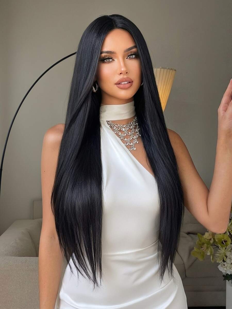 Women's Black Long Straight Synthetic Wig With Bangs For Daily Party Wigs 26 Inches