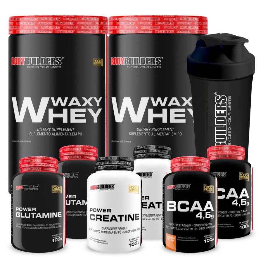 ESPARTANOS Kit 2x Waxy Whey 900g + 2x BCAA 100g + 2x Power Creatina 100g + 2x Power Glutamina + Coqueteleira 600ml - Bodybuilders - 900G - Visão 1