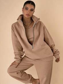 Spring Brown Essential Half-Zip Stand Collar Brown Two-Piece Set, Relaxed Fit Loungewear For Daily Wear, Versatile Outfit For Casual Errands And Lounging   /Swimsuits For Woman  /Summer Outfits For Women - màu nâu - Xem 10
