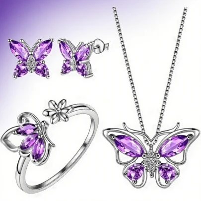 Set de joyería de 3 piezas con mariposa - Collar con colgante de corte marquesa y aretes