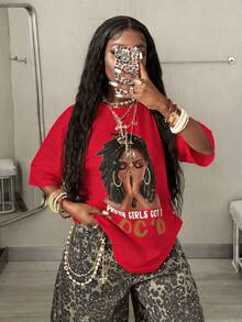 Black Hair Culture T-Shirt, "Pretty Girls Got It Loc'd" Graphic Tee, Afrocentric Fashion Tee,Casual Print,Comfortable And Versatile,Letter Pattern Pure Cotton 220g Printed T-Shirt - 紅色 - 查看 2