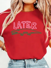 Women Later Gator Funny Crocodile Lightweight Tee, White Pink Breathable All Season Round Neck Top, Machine Washable Daily Playful Fashion Shirt - 紅色 - 查看 8