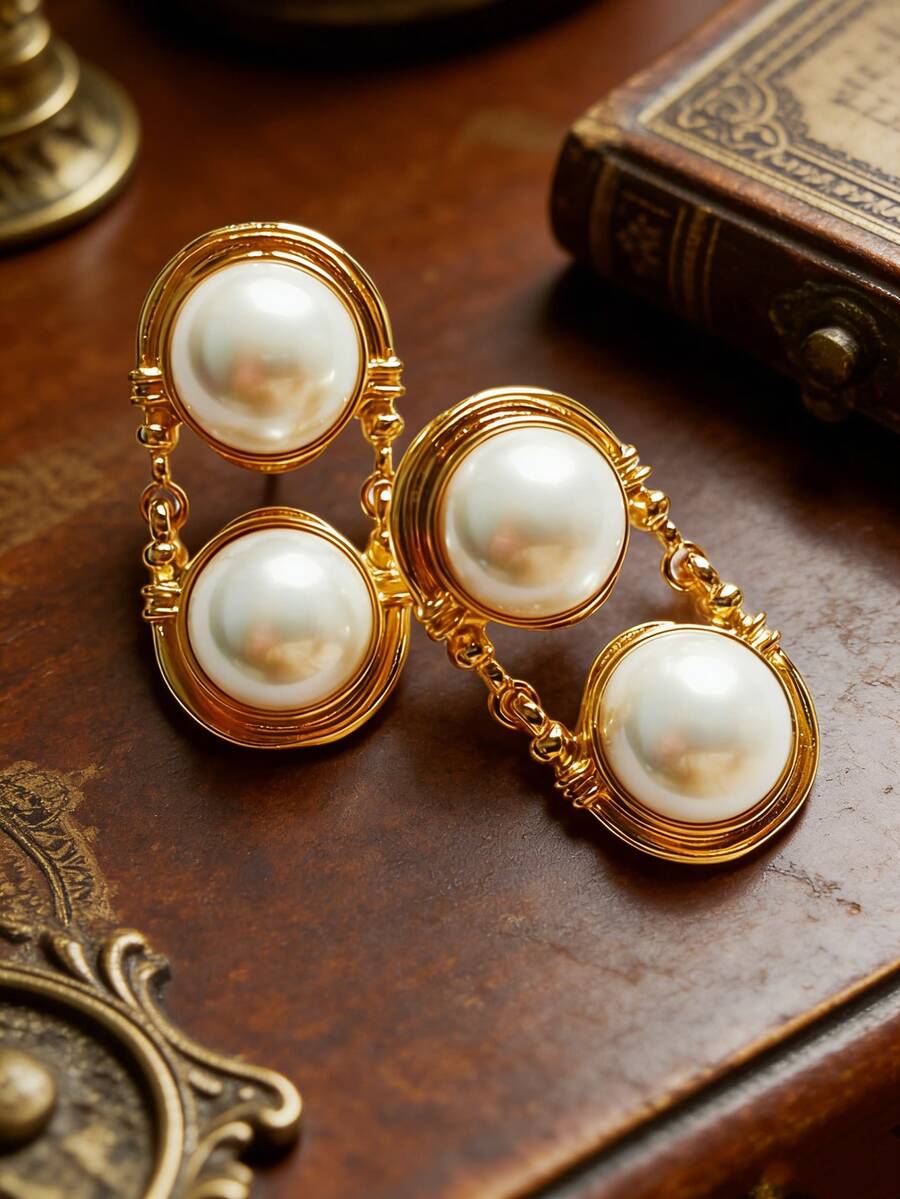 1 Pair Vintage Faux Pearl Earrings For Women, Elegant Court Style Earrings For Weddings/Banquets/Vacations,Jewelry Gift For Ramadan/Anniversaries - Wheel Pearl Earrings - View 1