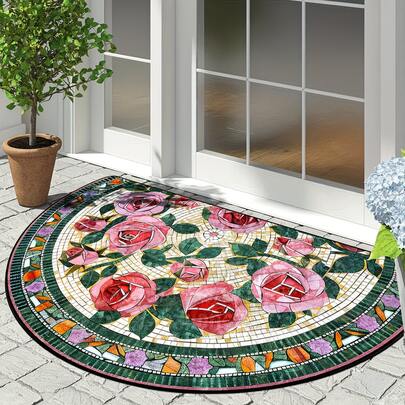 1pc Luxury Vintage Half-Circle Entrance Rug - Velvet, Soft & Comfortable, Floral Print, Suitable For Living Room, Bedroom And Entrance, Home Decor Carpet, Holiday Decoration, Easy To Clean