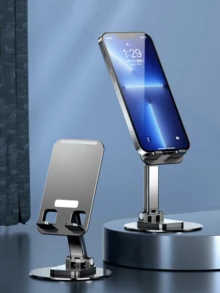 1 pieza Soporte de teléfono de aleación de aluminio giratorio, diseño ergonómico, adecuado para dispositivos móviles y tabletas. Este soporte portátil es muy conveniente para usuarios encorvados y compatible con todos los tipos de teléfonos inteligentes. Accesorios de escritorio de oficina, suministros de oficina, accesorios de oficina - Soporte de disco metálico - Ver 2