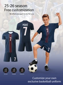 2pcs/Set Personalized Allover Print Football Uniform For Boys, 25-26 Years, Customized Name & Number/Club Logo, 7 Number Print, Short Sleeve Shirt & Shorts Set, Suitable For Sports, Cycling, Outdoor Running, Soccer Gift For Boys, Back To School - Royal Blue - View 3