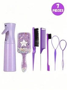 Set de 7 piezas que incluye peine cuadrado y botella rociadora, peine de plástico antiestatico con estampado de la Torre Eiffel, pinza para el cabello portátil con diseño, botella rociadora de alta presión, adecuado para niños y niñas, tipo de cabello normal, mango duradero de ABS, diseño cuadrado lindo, kit de herramientas para el peinado - Multicolor - Ver 8