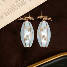 1 Pair Vintage Elegant Light Blue Glazed Golden Plum Blossom Vase Pendant Earrings, Suitable For Women's Daily Wear, Formal Events, Gifts For Her, Holiday Gifts - Light Blue - View 2