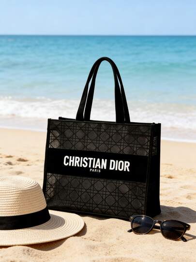 Dior Bolso de hombro transparente de malla negra con rombos y bolsa de cosméticos pequeña para mujer