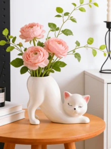 可爱的白色猫形树脂花瓶 - 俏皮的伸展姿势，光滑的哑光表面，非常适合摆放在客厅书架、卧室梳妆台和办公桌上。可插放鲜花，增添温馨浪漫的氛围，是客厅、卧室、书房、婚礼、节日、情人节、结婚礼物、最佳节日礼物、展示架装饰、生日礼物、毕业礼物等的理想之选。 - 多色 - 查看 6