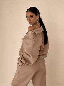 Spring Brown Essential Half-Zip Stand Collar Brown Two-Piece Set, Relaxed Fit Loungewear For Daily Wear, Versatile Outfit For Casual Errands And Lounging   /Swimsuits For Woman  /Summer Outfits For Women - màu nâu - Xem 7