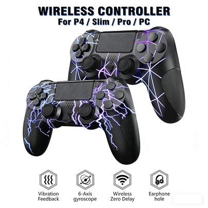 Universal Wireless Game Controller For P4/PC. Featuring A Cool Cracked Pattern Design With RGB Lighting Effects. Equipped With Dual Motors For High-Definition Vibration. Supports 6-Axis Motion Control. Built-In 600mAh Battery With 7-9 Hours Of Battery Life. Plug And Play For Immediate Gaming.