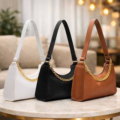 Kit 3 Bolsa Baguete Feminina de Mão Pequena com Corrente de Ombro Balada Chique Presente Elegante