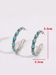 Vintage Turquoise Geometric C-Shaped Hoop Earrings, Bohemian Distressed Style Niche Design Earrings For Women - Silver - View 8