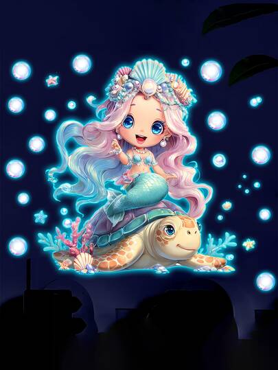1pc Glow-In-The-Dark Little Girl On Turtle Wall Sticker, Suitable For Bedroom, Living Room, Children's Room Decoration, Removable Matte Self-Adhesive Wall Decal, Home Decor Sticker, Vinyl Wallpaper, Spring Decoration, Adds Vitality To Your Home, Rama Decorative Sticker Gift, Birthday Graduation Gift