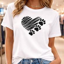 Camiseta de algodón para mujer, camiseta casual blanca con diseño de corazones y huellas de patas, ideal para uso diario o como camiseta conmemorativa para amigos o seres queridos. También es adecuada como suéter. Entrega rápida. - Blanco - Ver 6