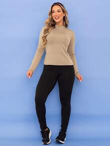 Women's Winter Thermal Sports Set, Base Layer Top, Fleece Leggings, Fleece-Lined Fitness Pants, Tarelles - 卡其色 - 查看 3