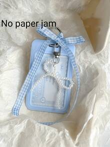 Blue Card Holder Sliding Plaid Ribbon Faux Pearl Pendant,With Detachable And Wiping Sliding Cover, Keychain,Meal Card Id Card Id Card And Bus Card Protective Cover, Office School Certificate Protective Cover, And Detachable Hanging Rope/Pendant - Heavy-Duty Transparent Card Holder - Multicolor - View 6