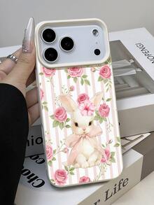 1个甜美温柔的粉色条纹玫瑰兔子图案荔枝纹理防水防震防滑软手机壳，适合作为生日/节日礼物送给朋友、家人、情侣，兼容苹果/苹果手机型号 - 彩色 - 查看 2