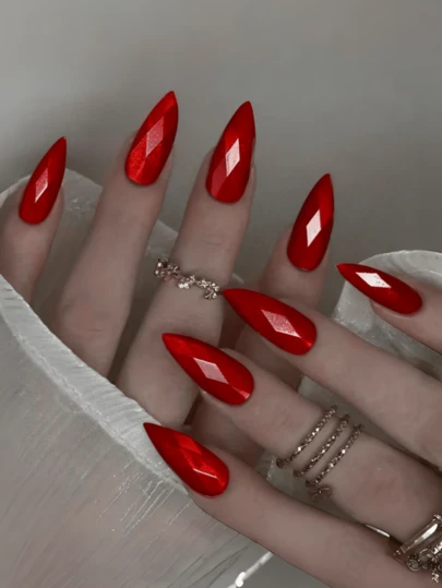24 Pieces Of Nails Three-Dimensional Rhombus Pattern Solid Color Manicure Almond Nails Press On Nails Nail Spplies Y2k Nails Nail Art Red Nails