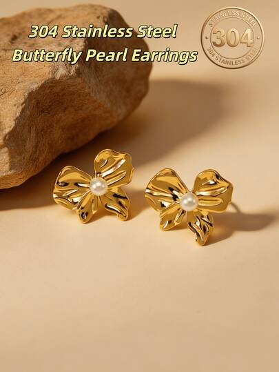 2pcs European And American Popular Style Fashionable Sweetheart Gift Bowknot Design Women's Stud Earrings /Cute Earrings/Stainless Steel Earrings/Faux Pearls/Fun Earrings/Ear Rings Women/Butterfly Earrings/Yellow Earrings/Summer Earrings/Chunky Earrings