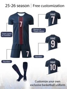 2pcs/Set Personalized Allover Print Football Uniform For Boys, 25-26 Years, Customized Name & Number/Club Logo, 7 Number Print, Short Sleeve Shirt & Shorts Set, Suitable For Sports, Cycling, Outdoor Running, Soccer Gift For Boys, Back To School - Royal Blue - View 5