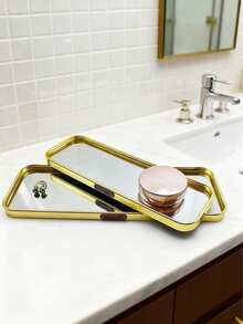 1 pieza Elegante bandeja de almacenamiento rectangular de vidrio dorado (disponible en tamaños pequeño, mediano y grande), superficie de espejo de vidrio de alta definición, estilo nórdico de lujo, material de aleación de aluminio y vidrio - Estantería de almacenamiento multifuncional, bandeja de exhibición de gran capacidad, bandeja para joyas, caja de almacenamiento de cosméticos, aromaterapia, portavelas, joyas, cosméticos - rectángulo - Ver 6