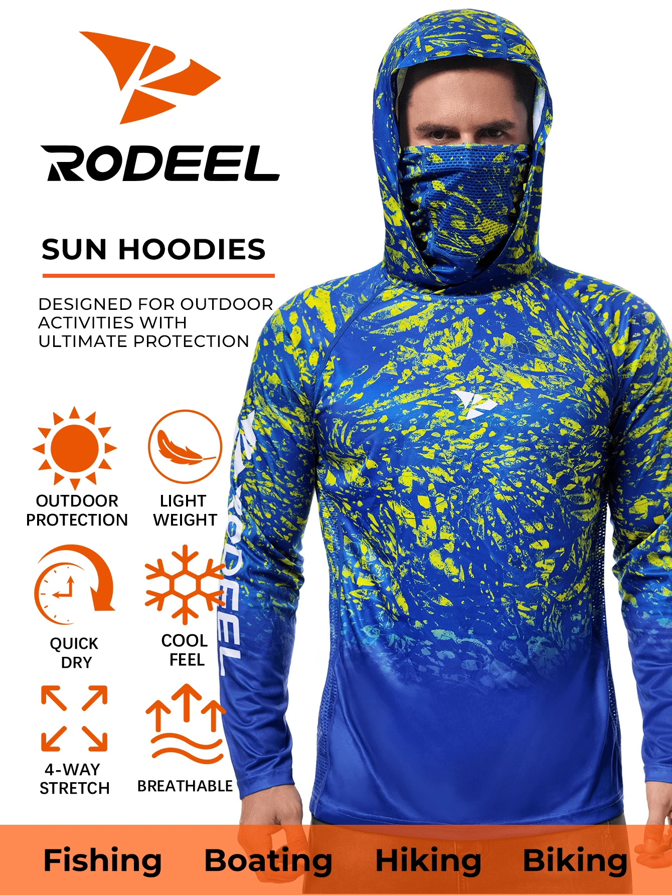 RODEEL 男士户外连帽卫衣,带面罩和颈部防护,长袖,柔软轻便,四向弹力,适合远足、钓鱼、划船、屋顶作业、园艺、建筑等户外活动。 - 藍色 - 查看 1