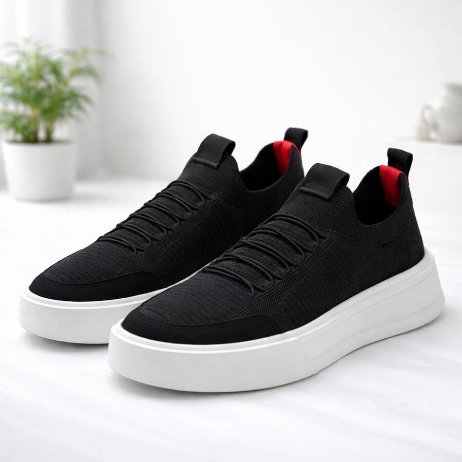 Men's Casual Knit Sneakers, Breathable, Lightweight, Comfortable, Urban Style, Fashionable, Modern, High Sole - màu đen - Xem 1