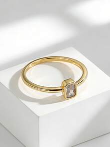 Charm-In Gold Plated Emerald Cut CZ Ring For Women Minimalist Bezel Set Gold CZ Ring - Gold - View 3