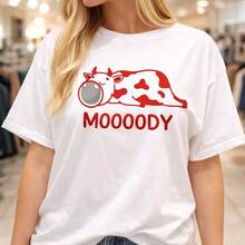 Camiseta de algodón para mujer con estampado de vaca "MOOOOODY". Camiseta blanca de manga corta informal para uso diario, o como camiseta conmemorativa para amigos o seres queridos. También adecuada como suéter. Entrega rápida. - Blanco - Ver 6