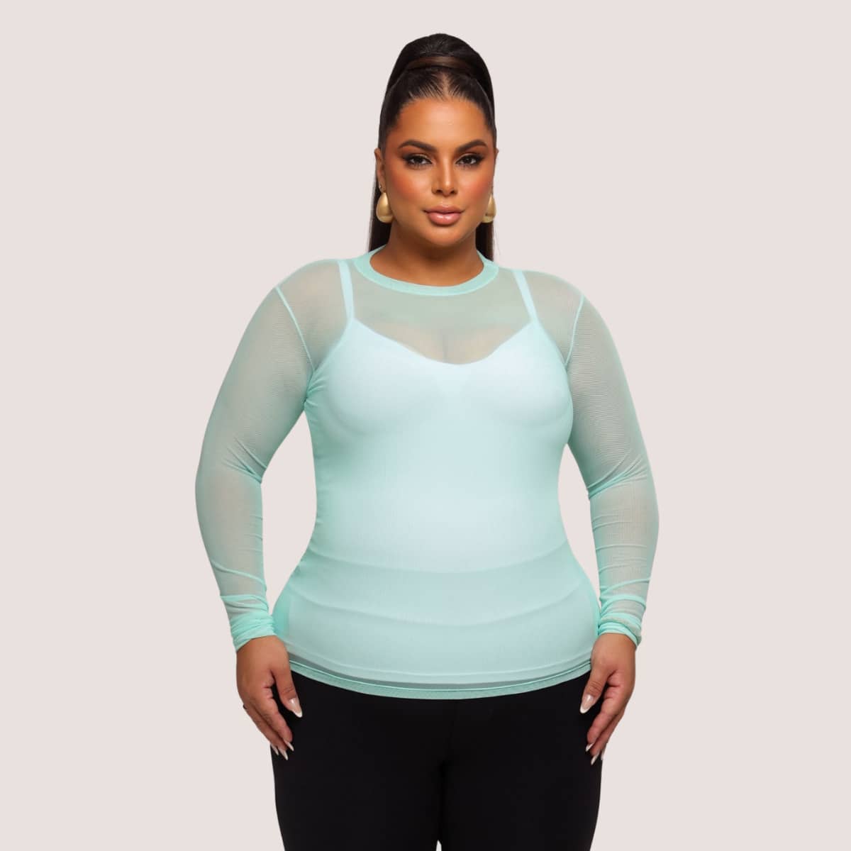 Women's Long-Sleeved Transparent Tulle Blouse - Versatile - Baby Green - View 1