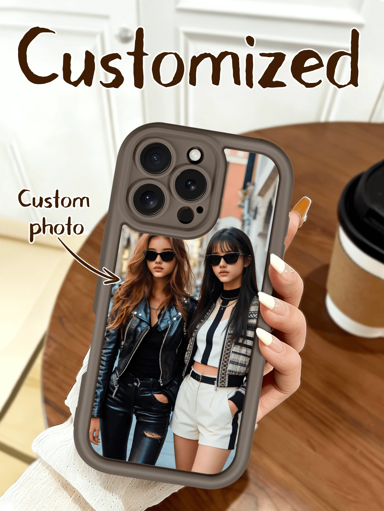 Customized Photo Phone Case, High Definition, Suitable For IPhone 16, 15/14/13/12/11/Plus/Pro/Pro Max, Personalized Couple Photo And Customized Photo And Text Couple Phone Case, Unique Customized Couple Photo Gift - Brown - View 1