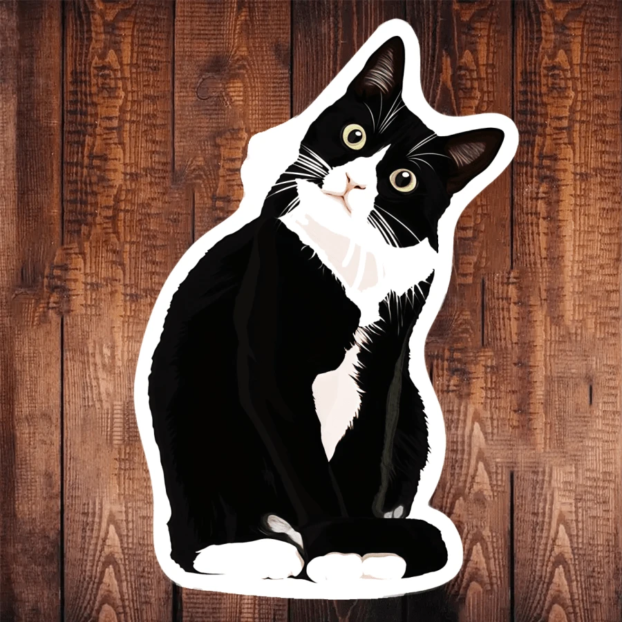 1 PIEZA Pegatina decorativa de vinilo impermeable y duradera de 3 pulgadas con un retrato realista y adorable de un gato tuxedo negro y blanco de ojos amarillos, en un estilo kawaii y viral de meme de gato, ideal para laptop, teléfono, botella de agua, monopatín, casco, diario, coche, cuaderno, dormitorio, equipaje de viaje, regalo perfecto para adolescentes, niños y amantes de los gatos de 13 a 30 años - 3*2,01 pulgadas - Ver 1