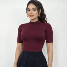 Women's Basic Blouse In Premium Supplex Fabric, High Neck With Sleeves, Casual Elegant Baby Tee For Work - Rượu vang Bordeaux - Xem 5