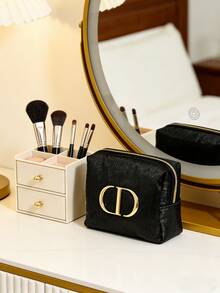 Dior High-End Fashion Black Glossy Gold Logo Velvet Cosmetic Bag - Black - View 5