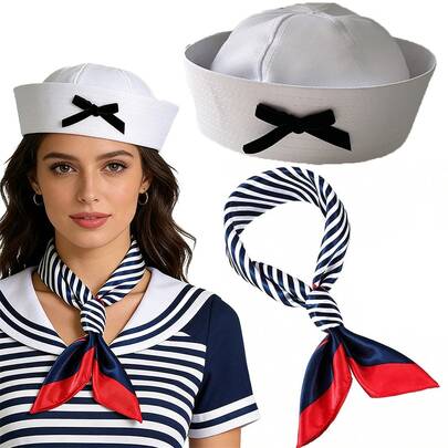 Navy Role Play Sailor Hat, Holiday Party Costume Accessories, Captain's Hat & Striped Scarf Set, Suitable For Halloween, Beach Party, Birthday Gift