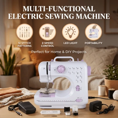 SOKANY Multifunctional Household Sewing Machine, Portable Electric Sewing Machine Professional Version, Convenient Mini Electric Overlock Sewing Machine For Travel Or Temporary Use, U-Shaped Groove Flexible Operation Display Panel Sewing Machine, Multiple Stitches Available, Built-In 12 Stitch Patterns