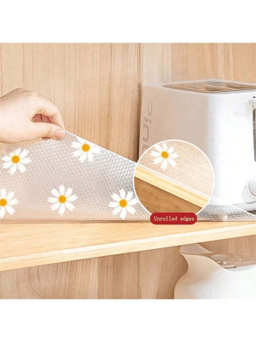 1roll Chrysanthemum Pattern Shelf Liner, Non-Adhesive Drawer Liner, Non-Slip Refrigerator Mat, Waterproof EVA Cabinet Liner, Easy To Clean Kitchen Mat - Multicolor - View 1