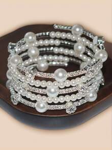 1pc New Fashion 5-Row Multi-Layer Crystal Pearl Twist Cuff Bracelet, Bridal Wedding Gift For Women And GirlsWomen's Top-Quality Bracelet & Bangle, Exquisite & Minimalist Design, High-Quality Texture, Brighten Skin Tone & Slim Wrist Look, Unique Non-Repetitive Style, All-Match For Daily Wear, Commute, Vacation, Party, Banquet & Bridal Jewelry, Perfect Gift For Birthday, Best Friend, Valentine's Day And Mother's Day - 彩色 - 查看 5