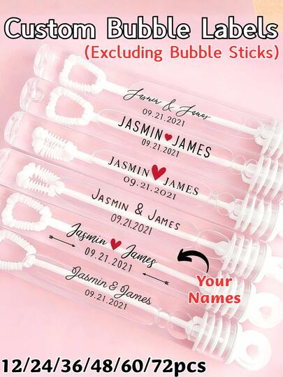 1/12/24/36/48/60/72pcs Bubble Wand Labels[LABELS ONLY, Tubes Are NOT Included], Personalized Labels, Customized Bubbles, Personalized Wedding, Bubble Tube Labels, Wedding Favors, Custom Name & Logo PVC Stickers For Wedding Favors